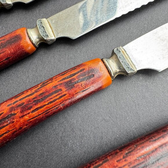 Vintage Set of 4 Steak Knives by Glo Hill Canada Faux Antlers & Stainless Steel - Picture 4 of 6